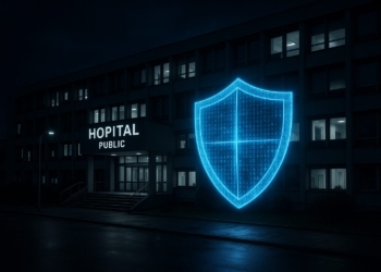 Hôpital public français protégé par un bouclier numérique bleu