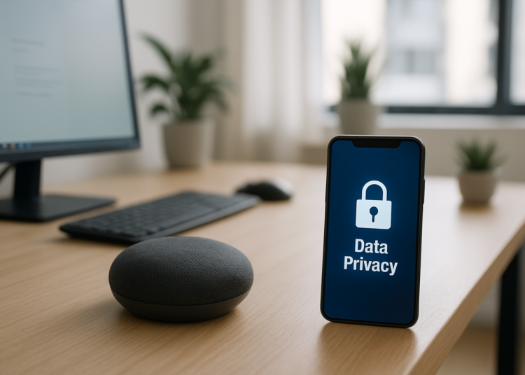 Smart speaker and smartphone illustrating data capture and privacy concerns