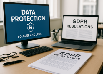 Illustration of GDPR data protection policies in a modern office