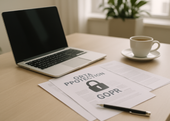 Des documents légaux et un ordinateur dans un bureau moderne sur le RGPD