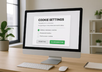 Illustration of cookie consent settings in a modern office environment