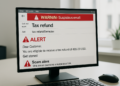suspicious email regarding tax refund with alerts in modern office