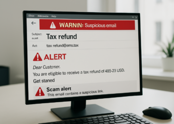 suspicious email regarding tax refund with alerts in modern office