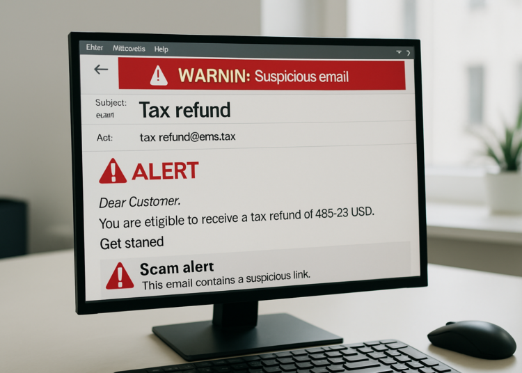 suspicious email regarding tax refund with alerts in modern office