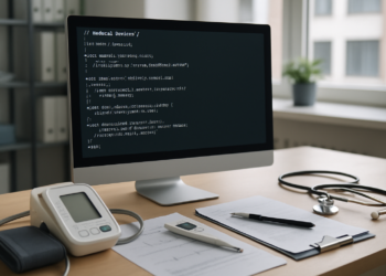 Photo of a modern workspace for medical software development related to GDPR.