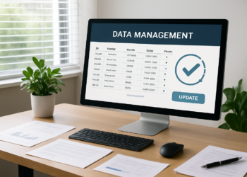 Interface d'un ordinateur sur la gestion des données dans un bureau moderne