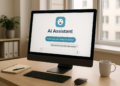 Illustration of an AI assistant interface in a modern office workspace.