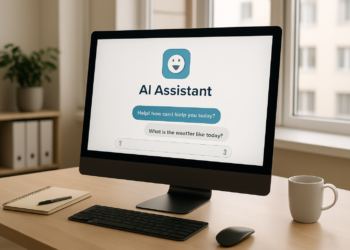 Illustration of an AI assistant interface in a modern office workspace.