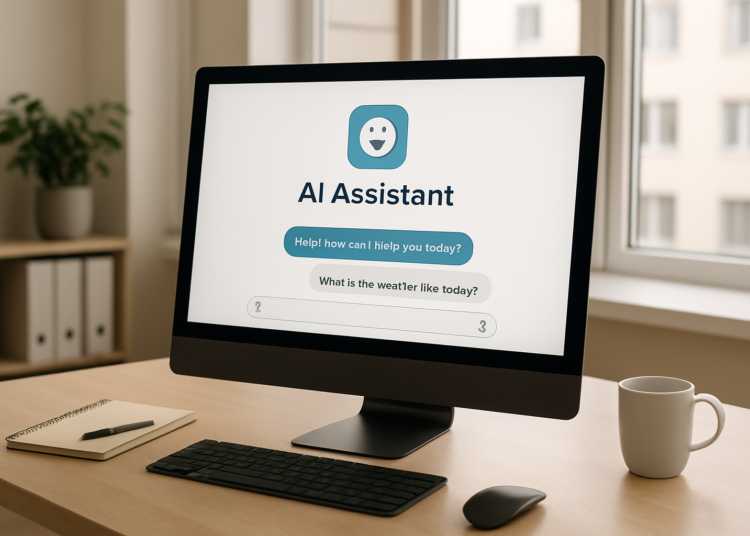Illustration of an AI assistant interface in a modern office workspace.