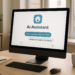 Illustration of an AI assistant interface in a modern office workspace.