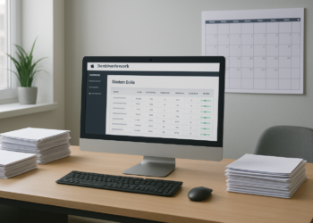 Driving school office with student data management and paperwork for GDPR compliance