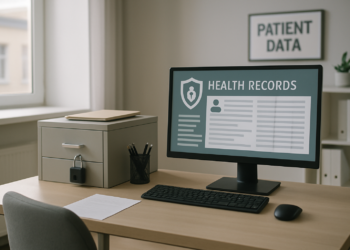 Modern healthcare office emphasizing RGPD patient data protection