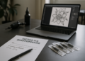 Tattoo studio workspace with customer allergy questionnaire and tattoo supplies