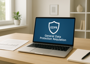 Modern office setup illustrating RGPD amendes and data protection.