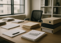Office workspace with organized client files related to data protection