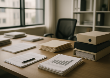 Office workspace with organized client files related to data protection