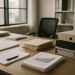Office workspace with organized client files related to data protection